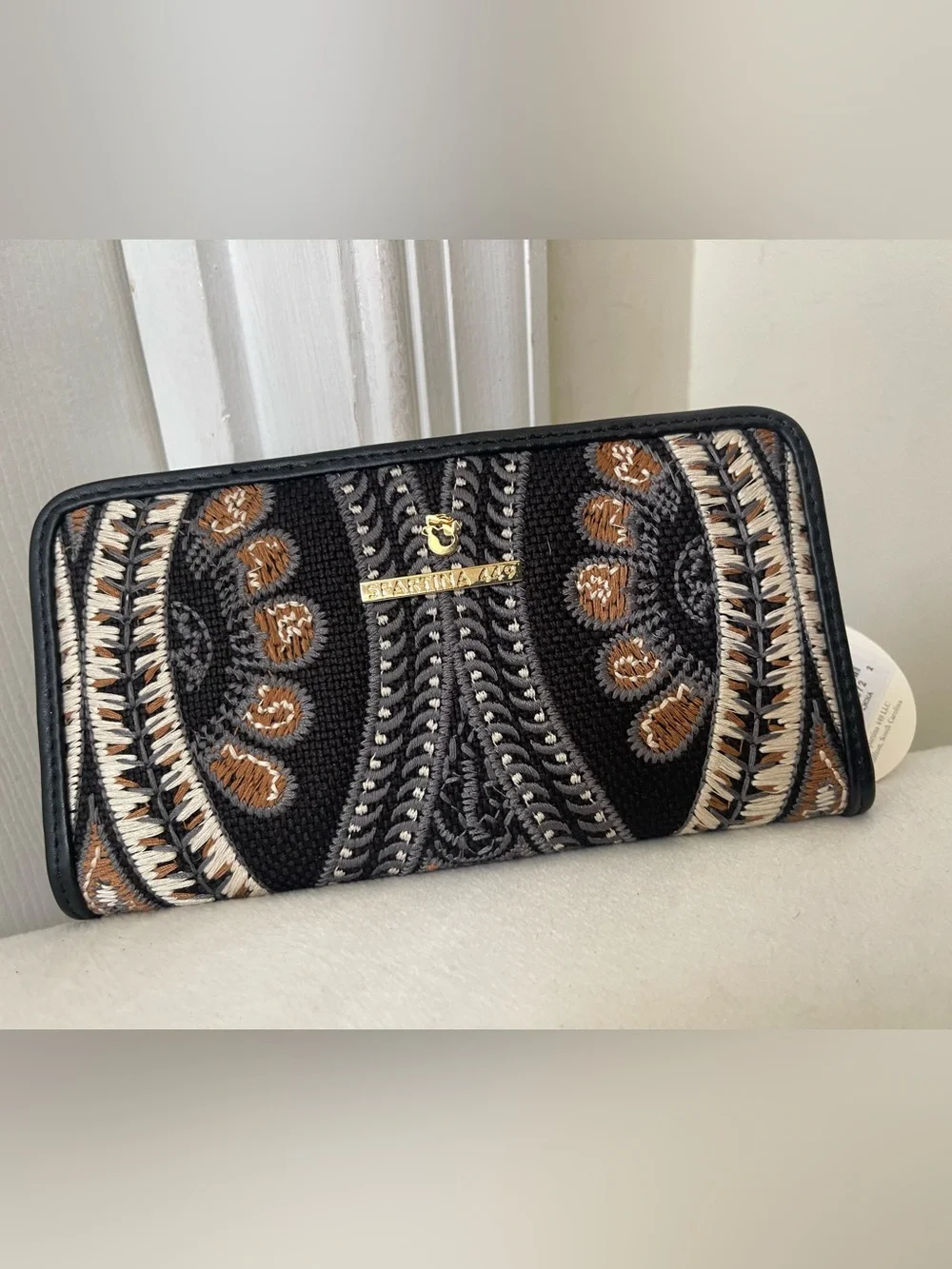 Spartina Black Embroidered Zip Wallet